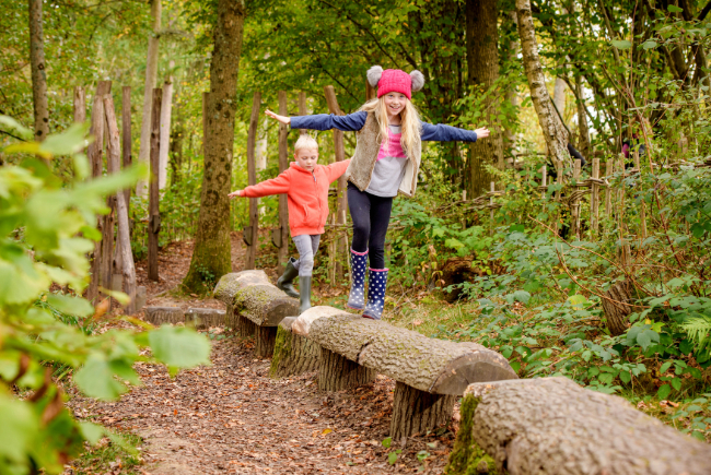 Children balancing on a log at Wakehurst